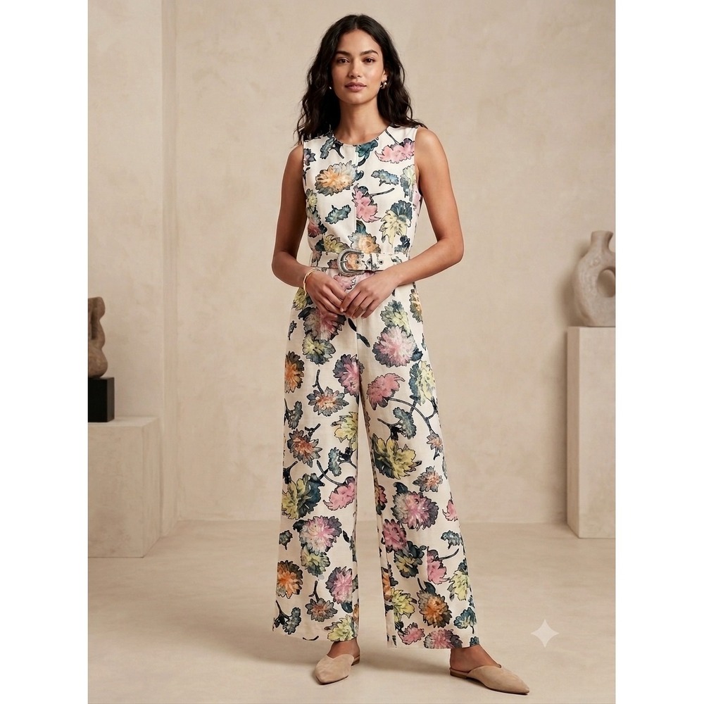 Warehouse Women Floral Sleeveless Wide Leg Belted Jumpsuit Cream Size 8